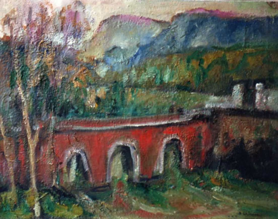 Paesaggio con ponte rosso, sd 1944, olio su tela, Abano Terme, Galleria Cinquantasei